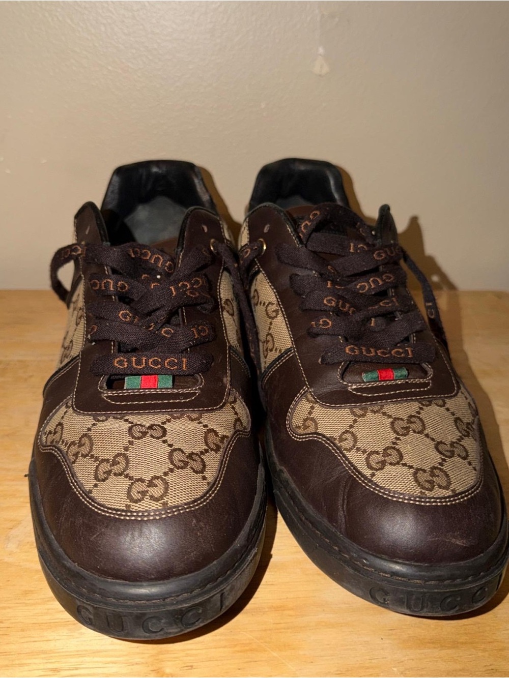 Gucci Men’s Brown GG Canvas & Dark Brown Leather Sneakers with Green-Red Web
